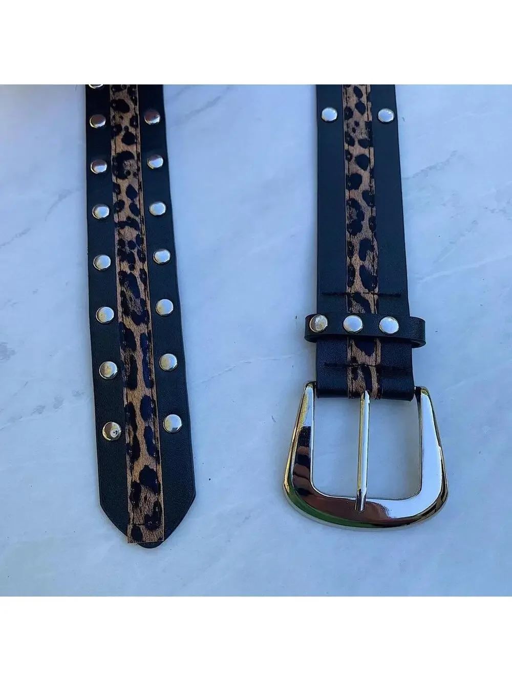 Cheetah print studded silver belt buckle belt. Punk gothic y2k style. 37 inches
